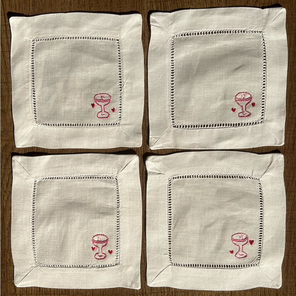 Set of 4 Hand Embroidered Linen Cocktail Napkins